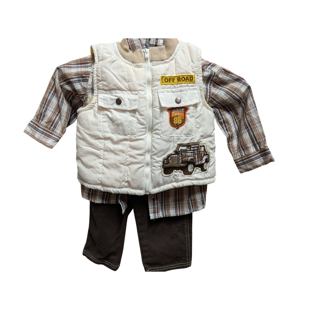 Little Rebel Boys 18M 3-Piece Set Plaid Shirt Quilted Vest Brown Pants Off Road